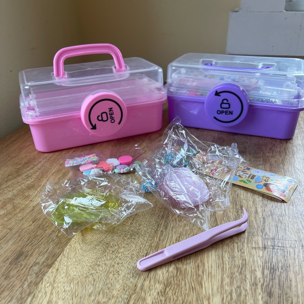 Pink and Purple Storage Boxes with Accessories. Craft boxes